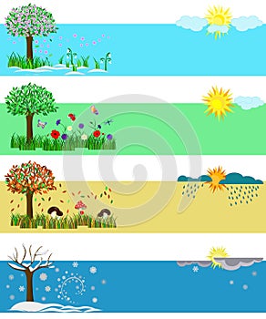 Four seasons. Spring, Summer, Fall, Winter. Set of vector illustrations for calendars and postcards with elements.