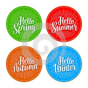 Four seasons stickers set. Hello Winter, Spring, Summer, Autumn lettering