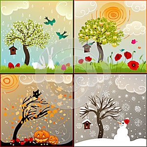 Four seasons themed illustrations set with apple tree, birdhouse and surroundings