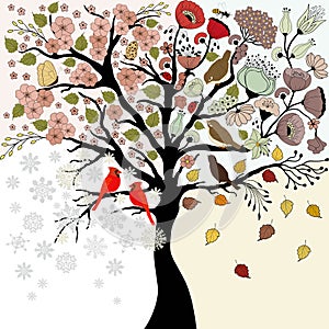 Four seasons tree with birds and butterfly