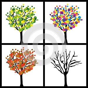 Four seasons trees digital painting. Vector poster.