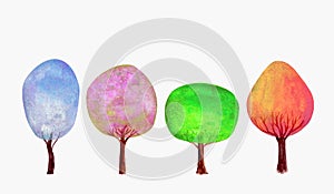 Four seasons winter spring summer autumn blue pink green gold trees set watercolor background