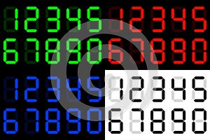 Four sets of digital numbers, red, green, blue and black