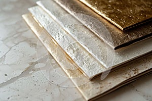 four sets of folded papers on marble, in the style of shimmering metallics