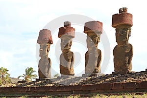 Four of Seven Gigantic Moai Statues of Ahu Nau Nau Ceremonial Platform, Anakena Beach, Easter Island, Chile