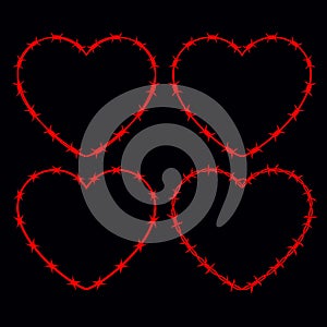 Four Shapes of Heart. Vector Silhouette of Barbed Wire