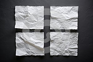 Four sheets of white torn paper on a black wall