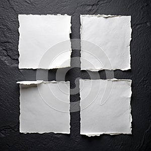 Four sheets of white torn paper on a black wall