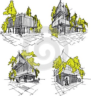 Four sketches of abstract modern architecture with green and trees
