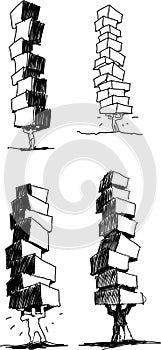 four sketches of man holding a lots of boxes above head