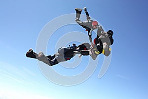 Four skydivers after the have exit an airplane