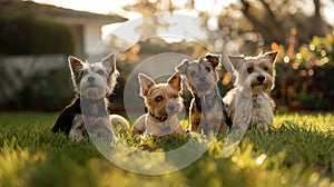 Four small dogs sitting on grass with sunlight behind, their attentive gazes suggesting playfulness and companionship