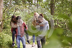 Four smiling young adult friends walking in a forest during a hike, men piggybacking their girlfriends