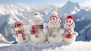 four snowman dolls dressed in warm fashions