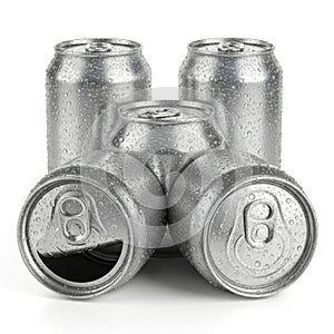 Four soda cans isolated on white background