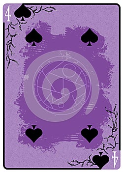 Four of Spades playing card. Unique hand drawn pocker card. One of 52 cards in french card deck, English or Anglo-American pattern