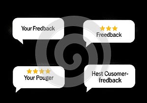 Four speech bubbles on a black background feature text with