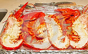 Four split and steamed, halved, north American lobsters, on tin foiled tray