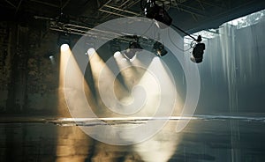 four spotlights on a stage with light source