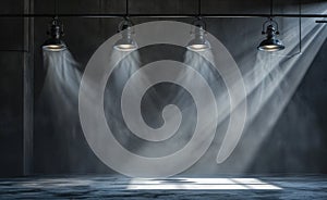 four spotlights on a stage with light source