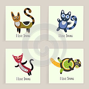 Four square cards. Hand drawn funny March cats. Artistic background with cute kittens. I love Spring