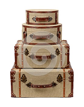 Four Stacked Deco Burlap Suitcases