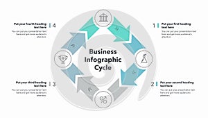 Four stages business infographic cycle with minimalistic icons