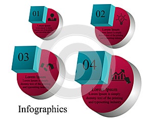 four step 3D infographics in different sizes with black text