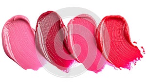 Four streaks of creamy lipstick in various shades of pink and red smear across a white surface