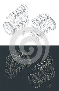 Four-stroke car engine isometric blueprints