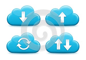 Cloud computing icons representing upload download sync and data transfer operations isolated on white background