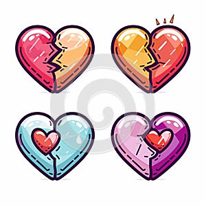 Four stylized hearts represent different emotions states. Top left heart companionship, its pieces photo