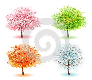 Four stylized trees representing different seasons.