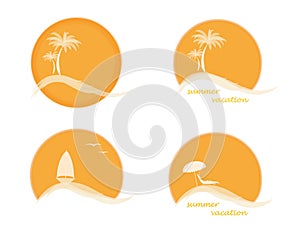 Four summer logo with sun, palm trees, ocean or sea, sailing ship and beach, vector illustration isolated on the white background.