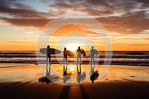 Four surfer friends sitting on their surfboard on the sand watching the sunset . Generative AI