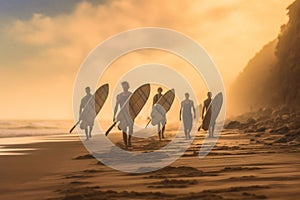 Four surfers walk along the beach Generative AI