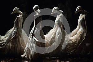 Four swans in long white dresses stand , concept of Gracefulness, created with Generative AI technology