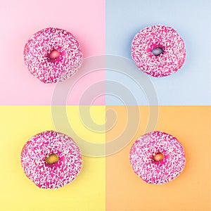 Four sweet doughnuts on color background. Fashion minimal
