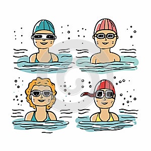 Four swimmers wearing goggles caps swimming, cheerful expressions their faces, character submerged