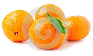 Four tangerine with leaf on a white background