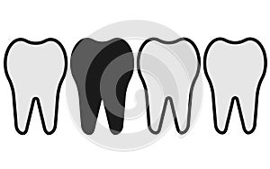 Four teeth arranged in series with one bad tooth in the middle bright yellow backdrop