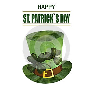 Four and three leaf clovers, green hat. Greeting inscription St. Patrick s Day. Isolated on white background