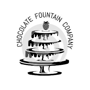 Four tier chocolate fountain with strawberry on top. Vector logo or label for fondue