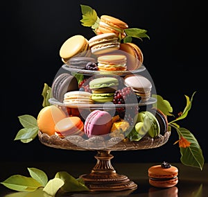 a four tiered display filled with many different types of desserts