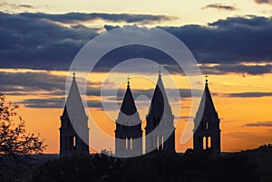 Four towers of christian cathedral in Pecs, Hungary