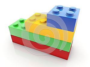 Four toy bricks of different sizes stacked on top of each other in different colors