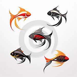Colorful Fish Symbols On Grey Background - Detailed Character Illustrations
