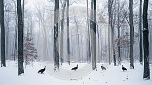 Four Turkeys Walking Through a Snowy Forest