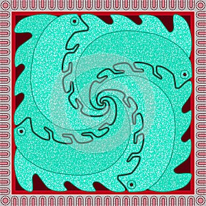 Four turquoise iguanas walk along the sides of an ornamental square. Decorative composition