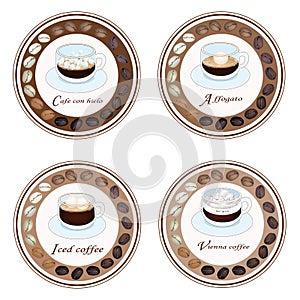 Four Type of Coffee Drink in Retro Round Label photo